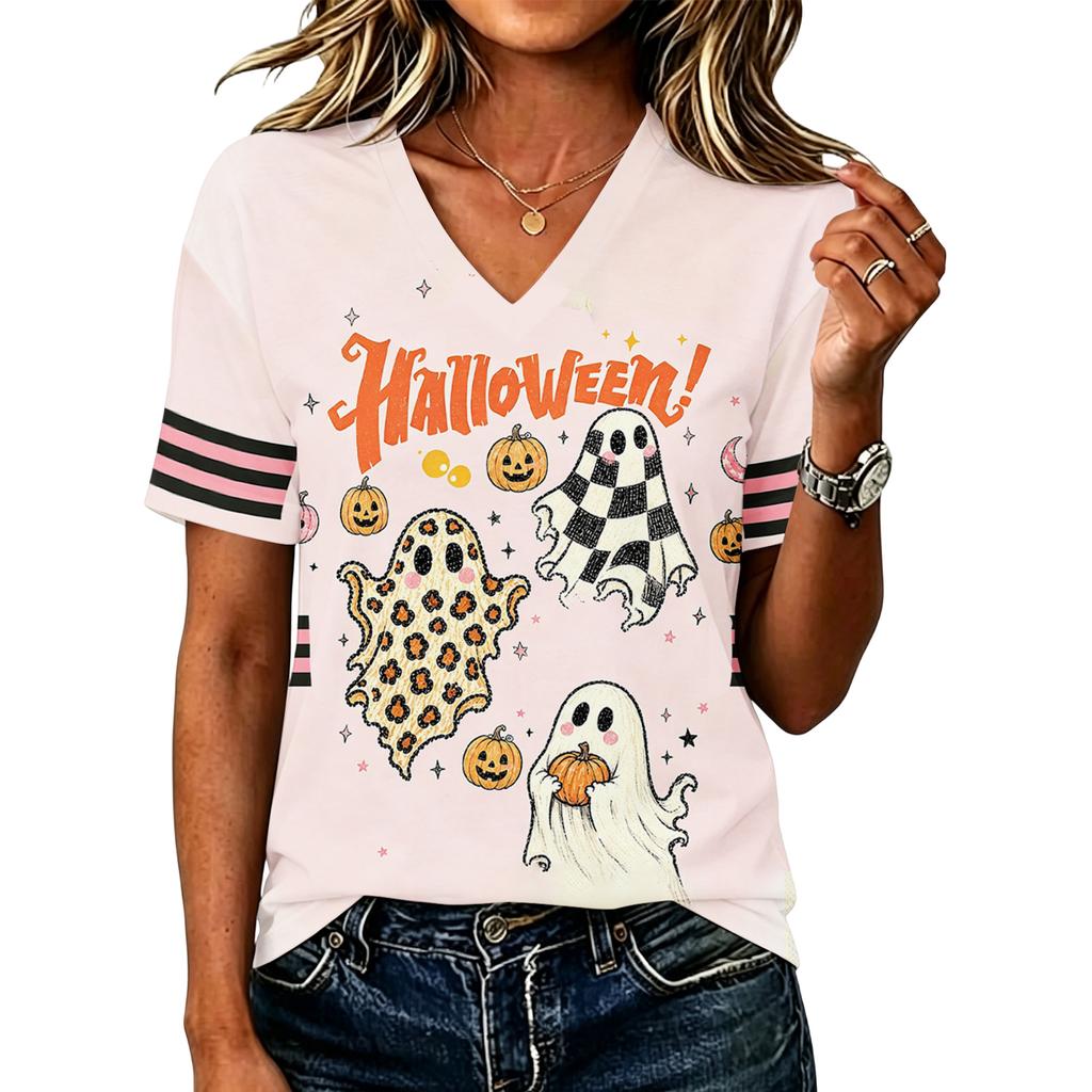 Women's Casual V-Neck Loose Fit Halloween Printed T-Shirt