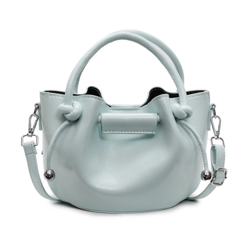 Popular Hot-selling Korean Version of Simple Pleated Small Fresh Portable Bucket Bag Oil Wax Leather Texture Commuter Messenger Women's Bag