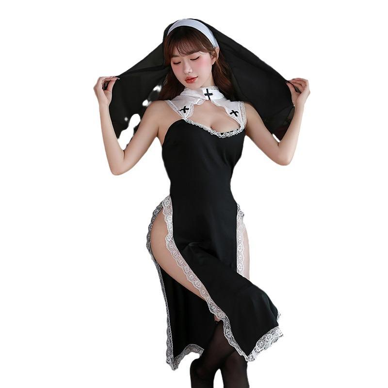 Golden Night Lingerie: Sexy Hollow Out Nun Role-Play Nightgown With Slit