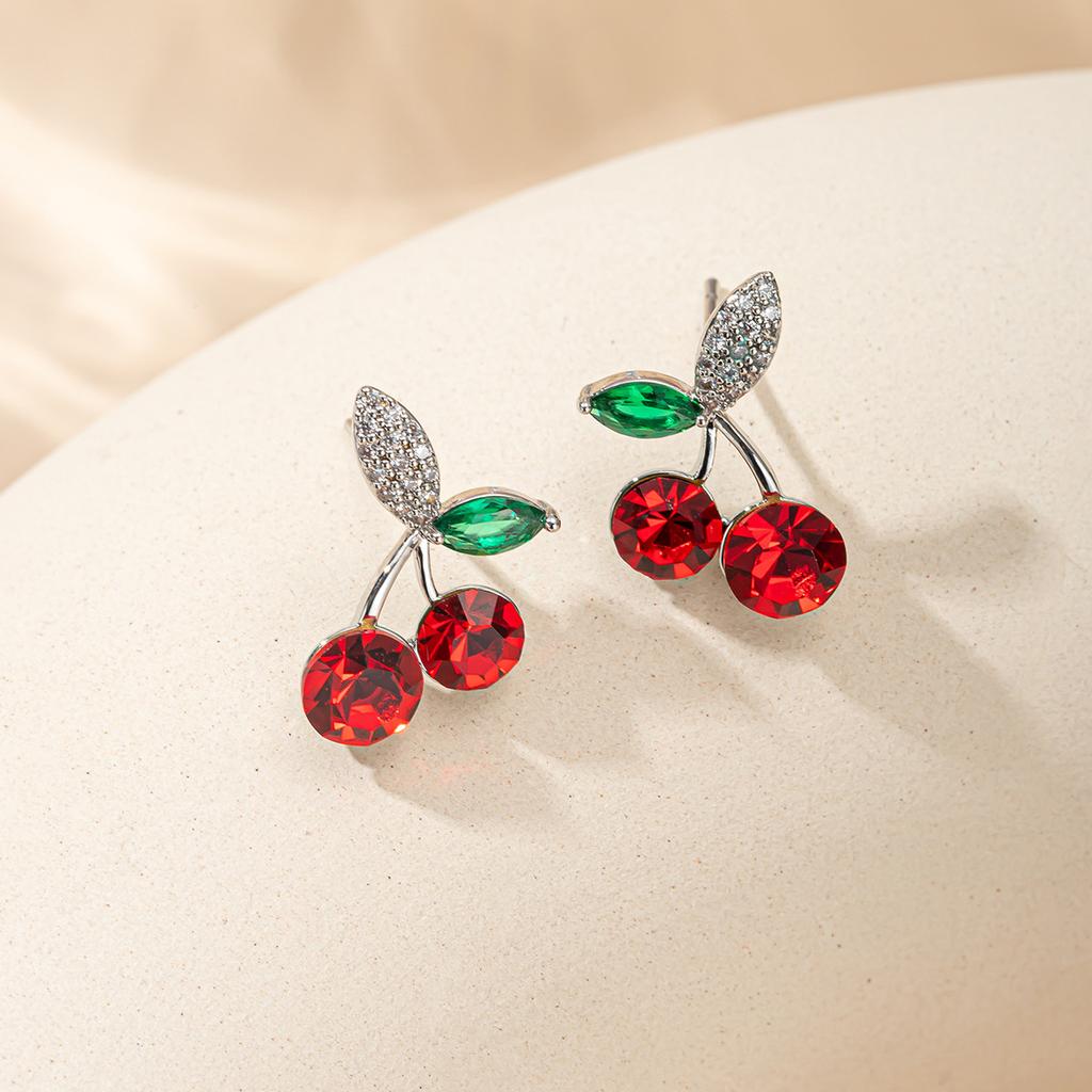 Green Leaf Red Cherry Stud Earrings for Women Earring Jewelry Gift