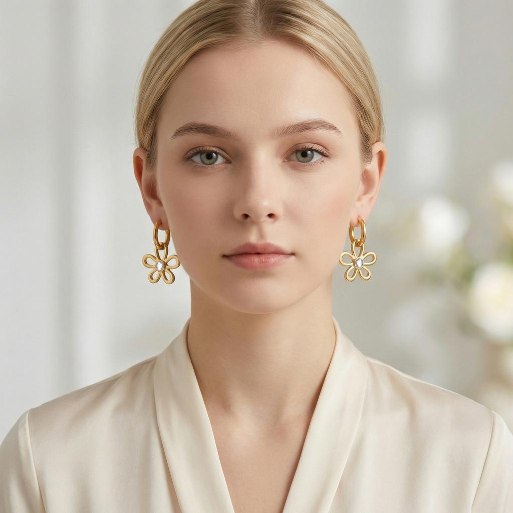 Blumenohrringe Roter Emaille Vergoldeter Creolen Edelstahl Florale Hängeohrringe für Damen Y2K Sommer Mode Schmuck