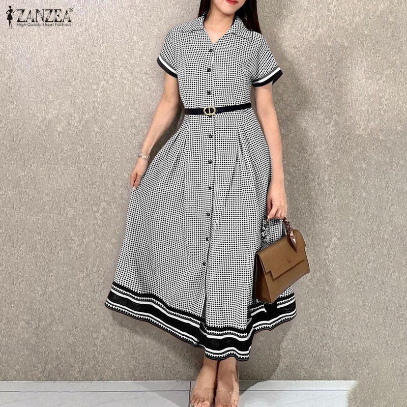 ZANZEA Women Turn Down Collar Summer Casual Short Sleeve Dress
