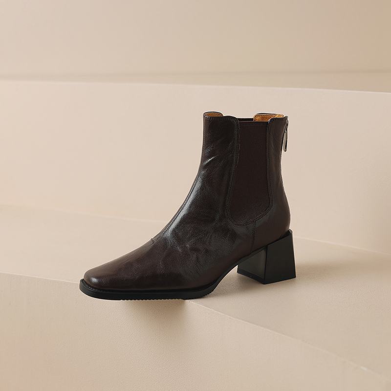 Krazing Pot Sheep Skin Square Toe Winter Med Heels Chelsea Boots Women Zipper Retro Fashion Leisure Ankle Boots