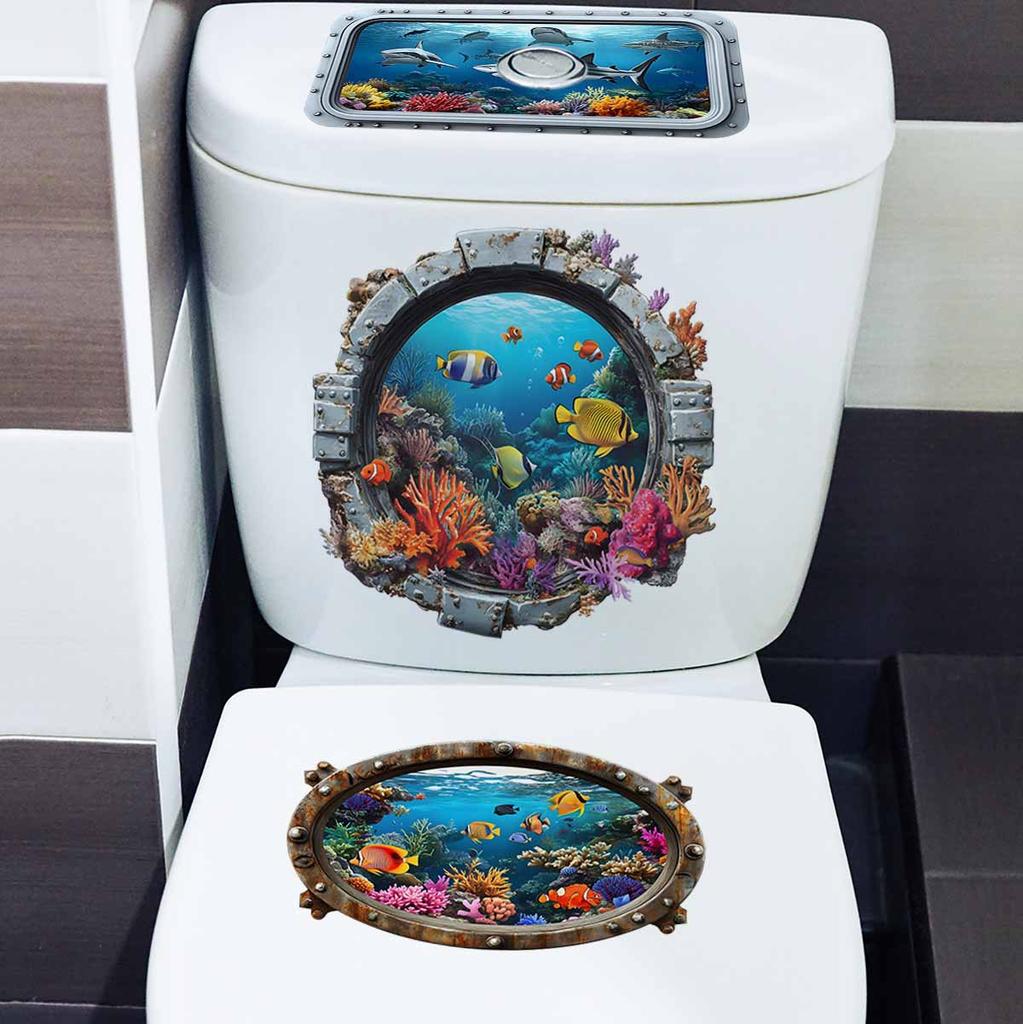 Ocean World Fish Pattern Toilet Sticker Bathroom Decoration Waterproof Toilet Covers Self-adhesive Wall Stickers Waterproof