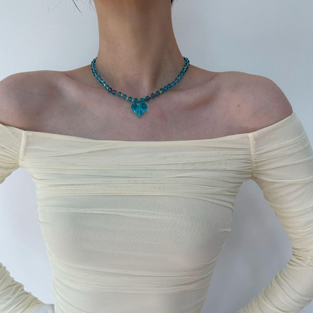 Beaded Y2K Choker Korean Style Clavicle Chain Transparent Love Heart Necklace  Jewelry Accessories