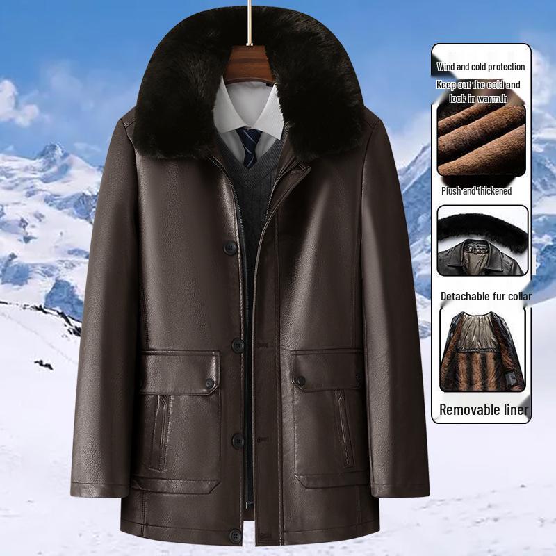 Men's Winter Leather Jacket with Fleece Lining - Ideal for Middle-Aged and Elderly Dads and Grandpas