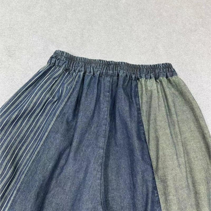 Johnature Autumn Patchwork Wide-leg Pants Loose Casual Drawstring Elastic Waist Retro Nine-point Women Pants