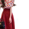Plus-Size Retro Red Floral Print Shirt and High-Waisted Skirt Set