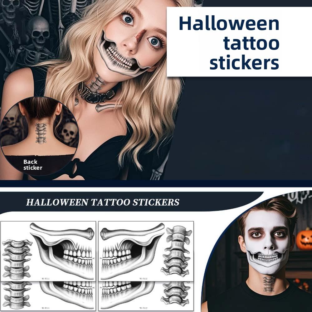 2pcs Disposable Halloween Face Tattoo Waterproof Skull Temporary Sticker Mouth Clown Tattoo  Men