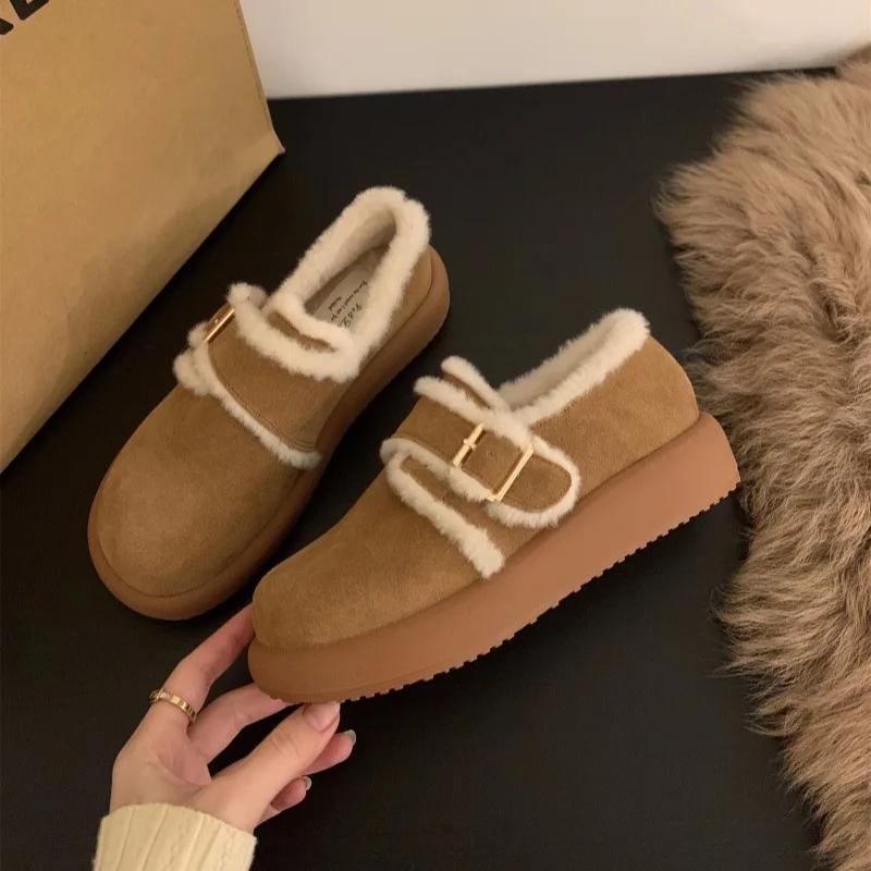 Fashion 2025 Frosted Leather Thick-soled Brown Velvet Boken Shoes Autumn Winter Snow Boots Women's Cotton Sneakers Wear Fluffy Mary Jane