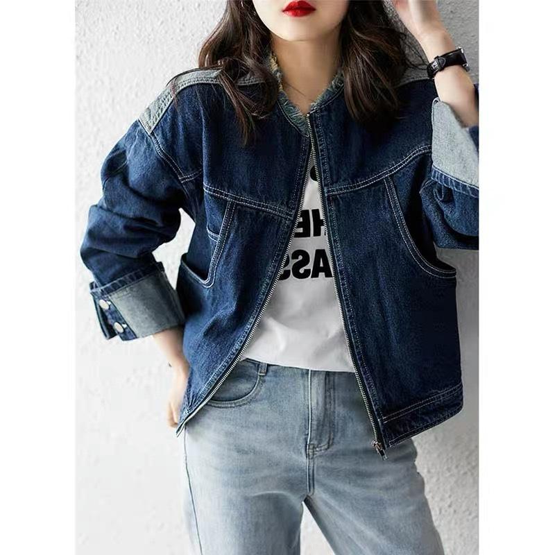 Solid Color Denim Coat Spring Autumn Casual Stand Collar Zipper Fashion Pockets Tassel Spliced Jackets