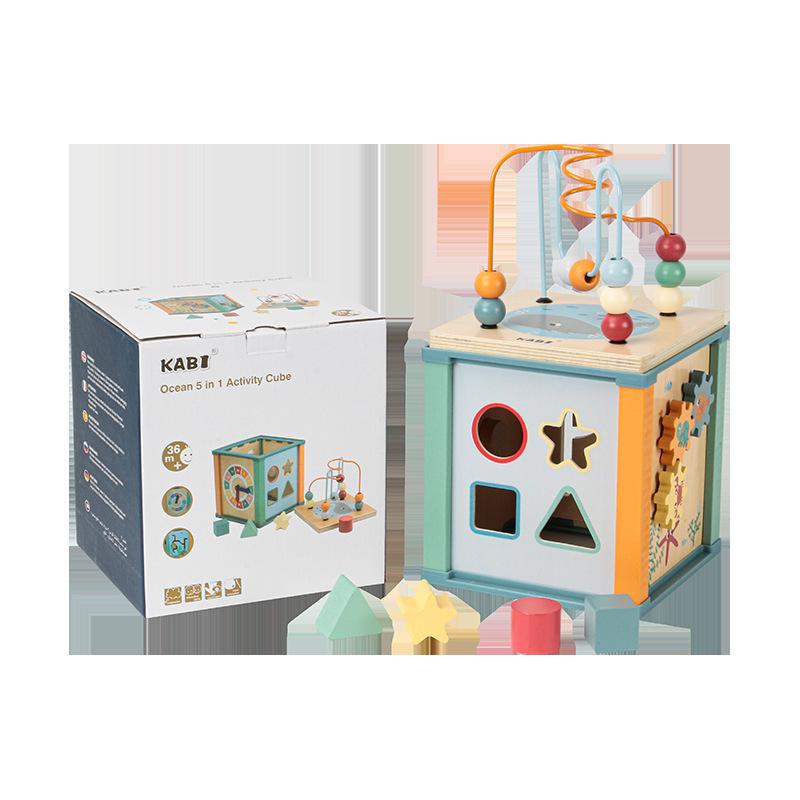 Wooden Ocean & Forest Educational Activity Cube for Children: Slide, Match, and Bead Maze Puzzle