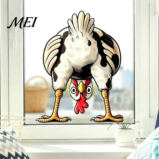 Retro Hand Painted Sticker Funny Chicken Static Window Cling, Upside Down Rooster Glass Sticker, Cling for Waterproof Non-adhesive Decal Living