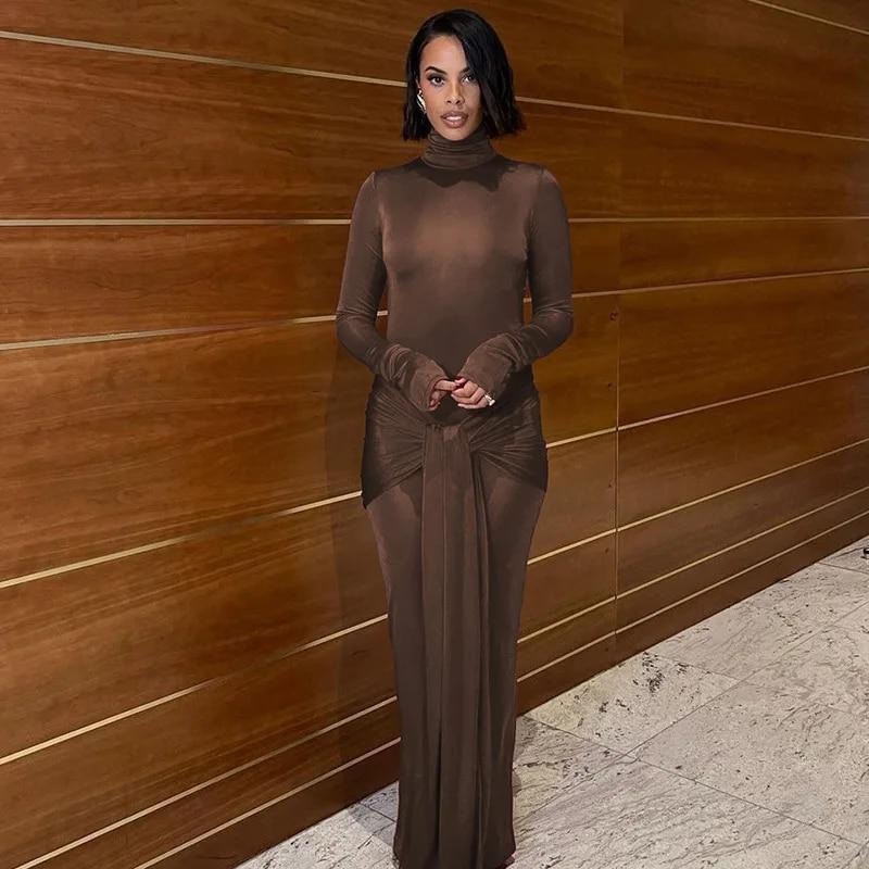 Women Spring Autumn Elegant Long Sleeve Party Club Streetwear Bodycon Red Long Dress
