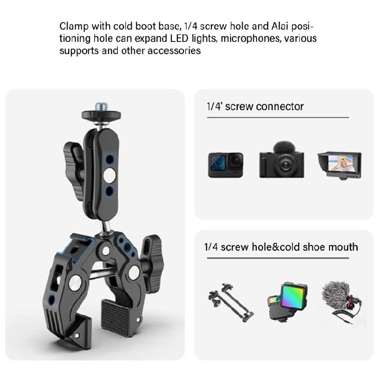 360 Degree Adjustable Clamp Mount with Cold Shoe 1/4" Thread for Secure Camera and Accessory Mounting