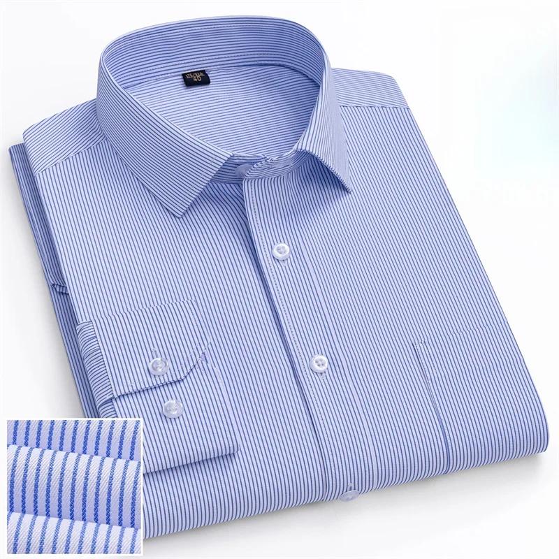 6XL Work Blue White Shirt Long Sleeves Men Formal Shirt Long Sleeve Office Solid Color Classic Striped Fashion Business Pocket