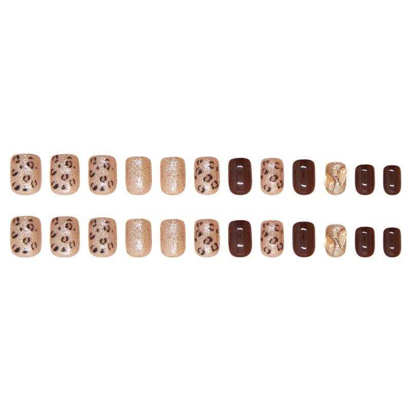 Nail Art Patch Removable Nails Simple Leopard Print Fine Flash Fake Nails Solid Color Wearing Nail Short Diamond 24 Pieces