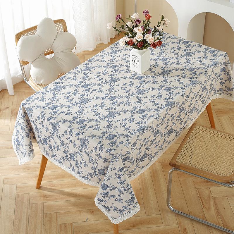 Blue Floral Pastoral Tablecloth, Vintage Cotton Linen Rectangular Table Cover  For Dinner Picnic Coffee Party Table Home Decor