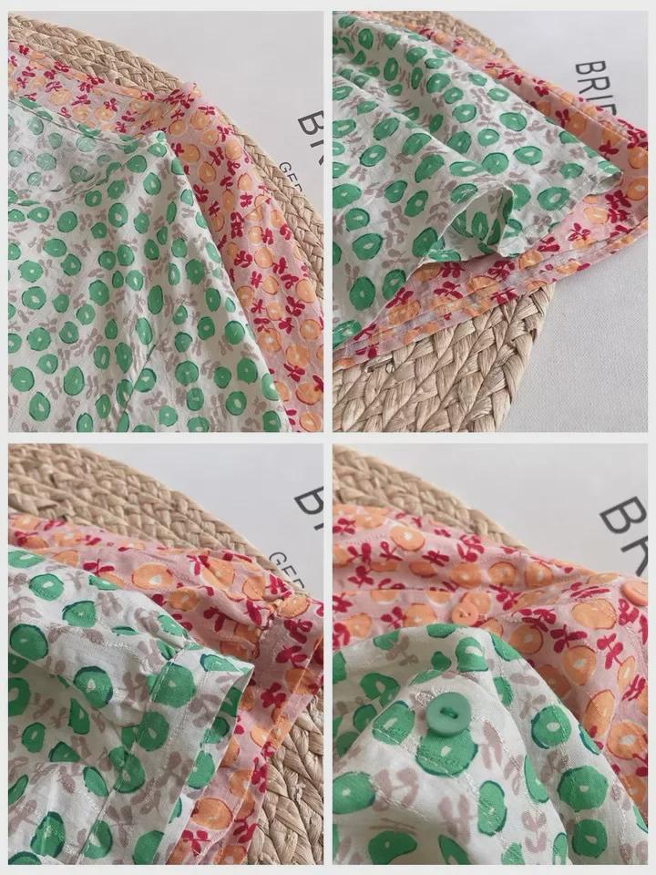 Korejská květinová kojenecká košile na léto 2025: Volný střih, Kulatý výstřih, Sladké balónové rukávy pro ženy