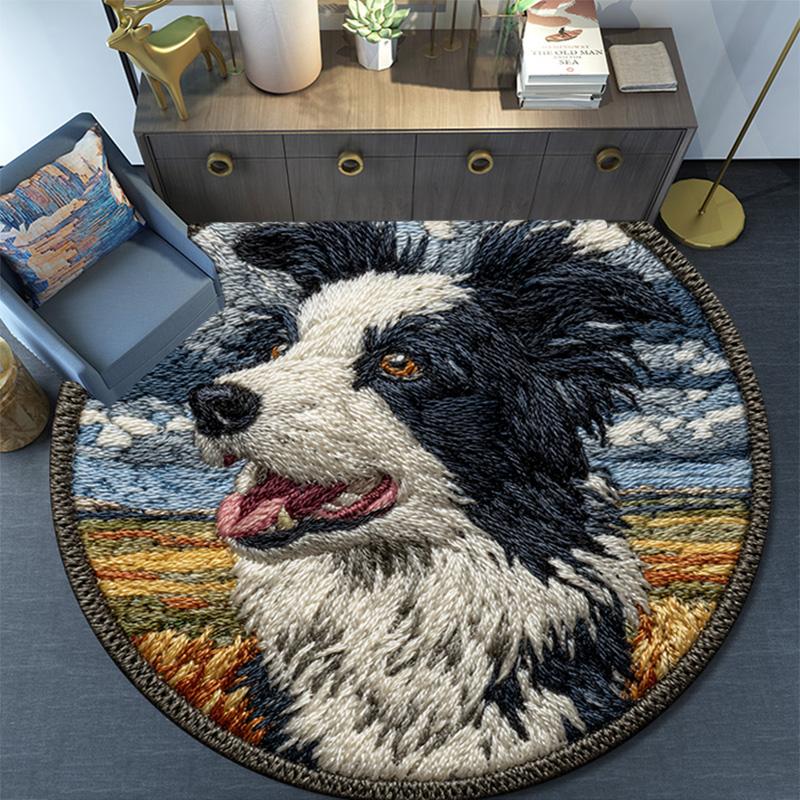 Border Collie Runder Teppich, Teppich für Wohnzimmer Schlafzimmer Sofa Spielzimmer Dekoration, Rutschfeste Bodenmatte