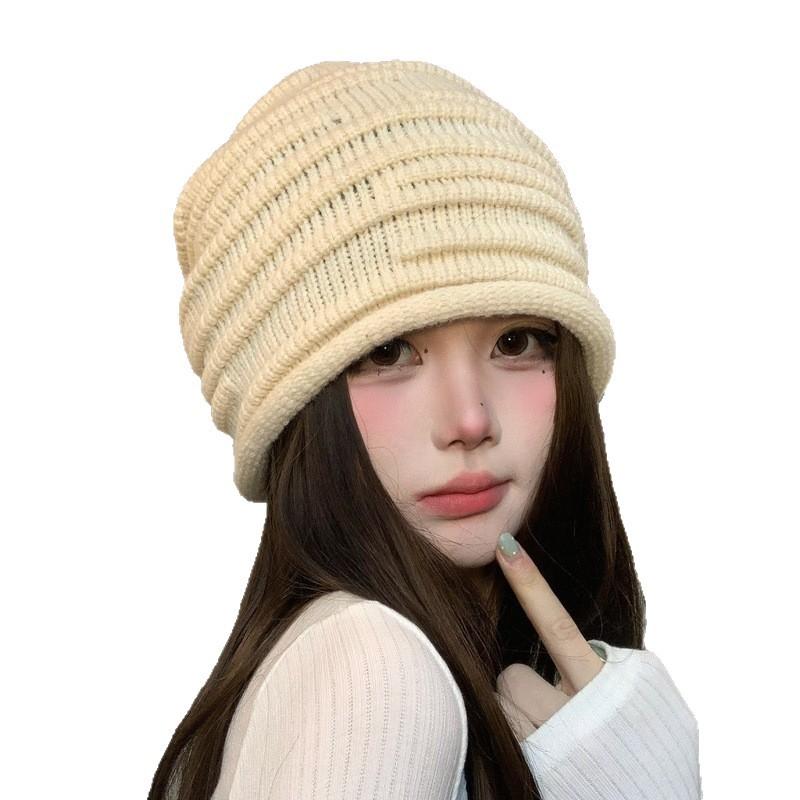 Folded knitted hat women's autumn and winter big head circumference bag head cold hat showing face small couple versatile cold protection ear protecti