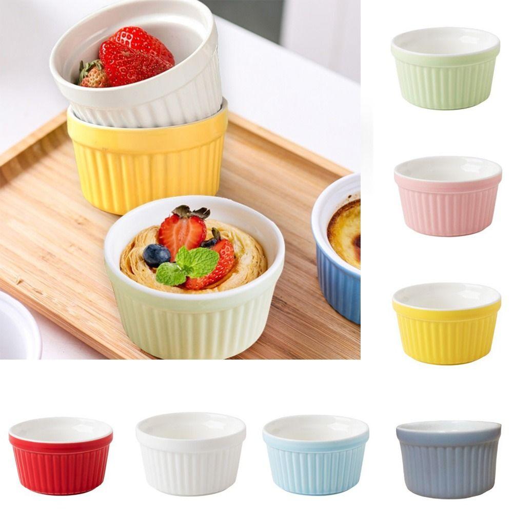 

4Pcs Colorful Souffle Cups Ceramic Fluted Porcelain Bowls Creme Brulee Dishes Lava Cakes L синій