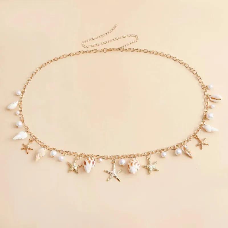 Fashion Natural Shell Conch Sea Star Imitation Pearl Tassel Pendant Waist Chain for Women Sexy Boho Summer Chain Belt Necklace