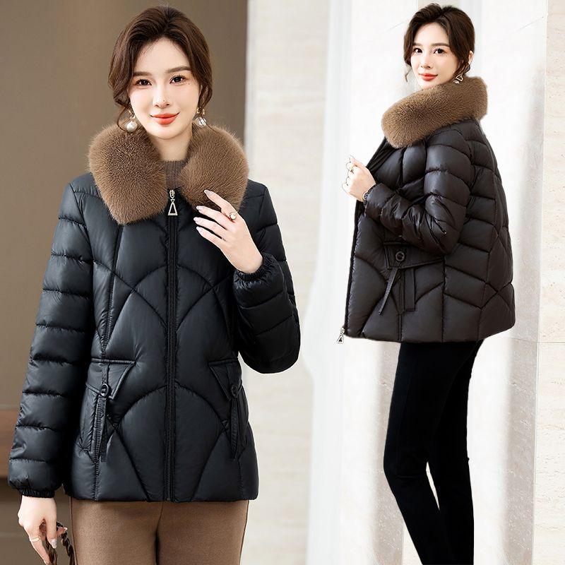 Women'S Jacket with Faux Fur Collar - Quilted Polyester Coat, Long Sleeve,Solid Color, Short Length - Casual Winter Outerwear