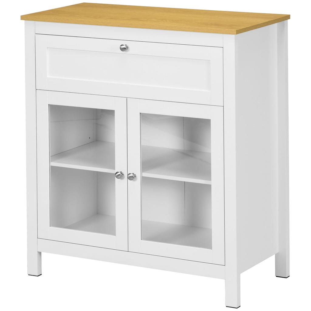 Modern Kitchen Sideboard Auxiliary Buffet Cabinet with Drawer Adjustable Shelf and 2 Glass Doors 80x40x90 cm White