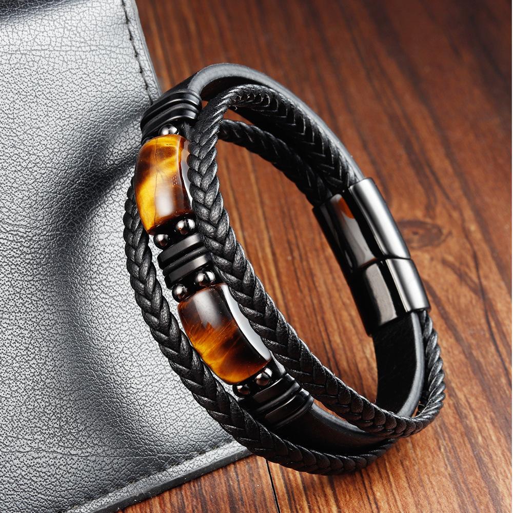 Black Leather Rope Yellow Tiger Stone Men's Double Layer Natural Stone Woven Bracelet Handmade Multilayer Leather Bracelet 2026