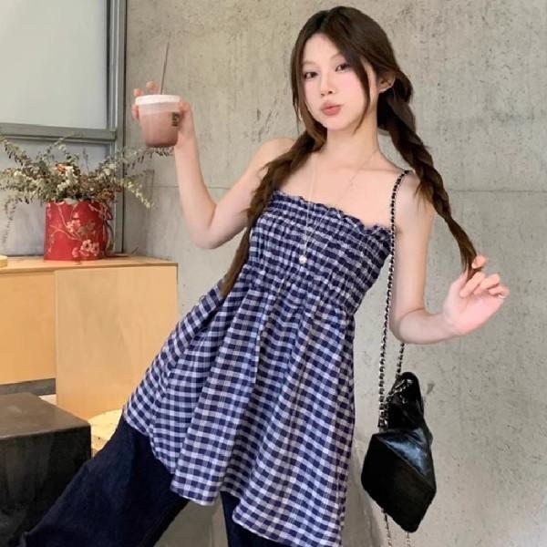 

Korean Retro Checkered Bandeau Tank Dress A-Line Midi Skirt for Summer M [Premium]