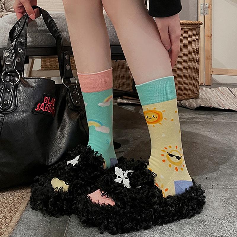 Asymmetric Autumn Winter Women Socks Funny Cute Cartoon Cat Embroidery Animal Ab Interesting Mid Tube Socks