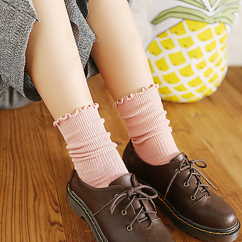Japanese Retro Ruffled Cotton Socks Women Solid Color Ankle Boot Styling Harajuku Christmas Girlfriend Gift Pink Yellow Cute