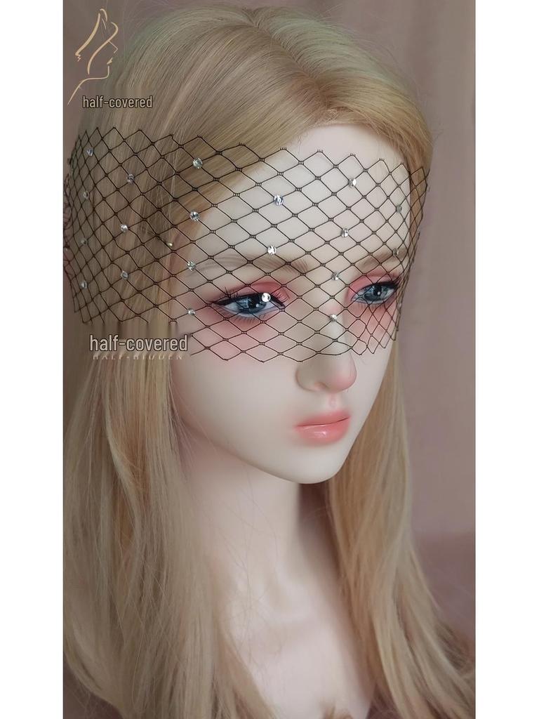 Retro Britische Schwarze Strass Augenmaske Schleier - Handgefertigtes Netz Haaraccessoire