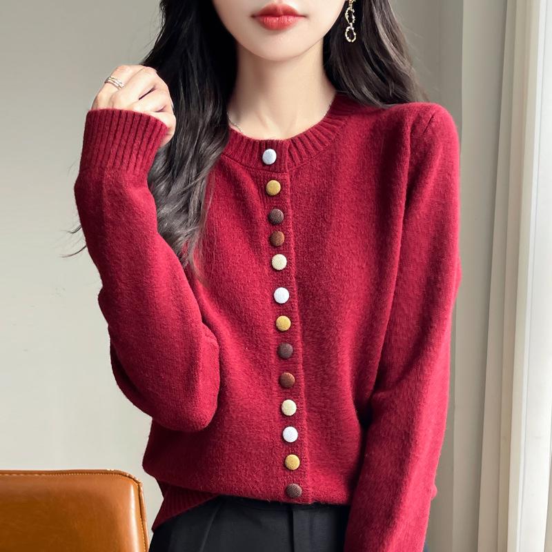 Retro Artistic Round Neck Knit Sweater - Colorful Button Casual Pullover for Women (Autumn/Winter)