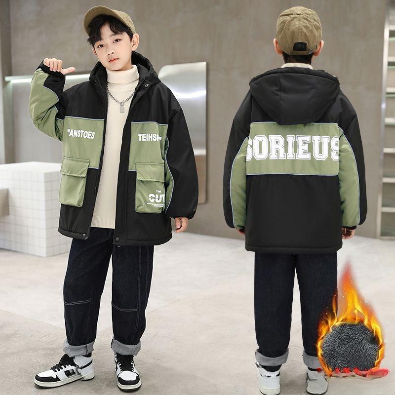 Boys' Loose-Fitting Fleece-Lined Jacket: Fashionable, Thick-Padded Winter Coat for Kids