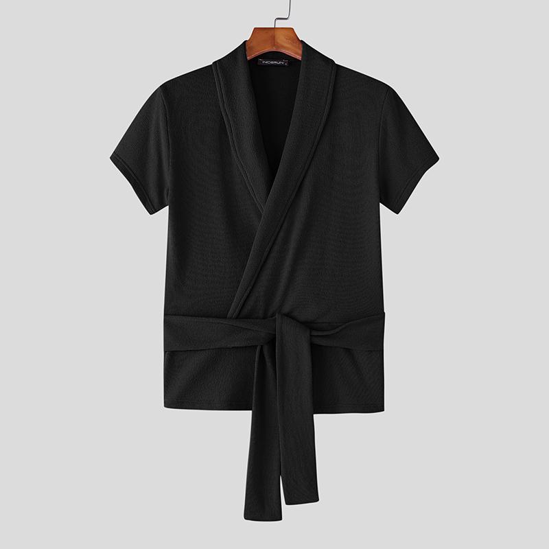 INCERUN Men V Neck Front Cross Lace-up Semi-Sheer Casual Texture Tops