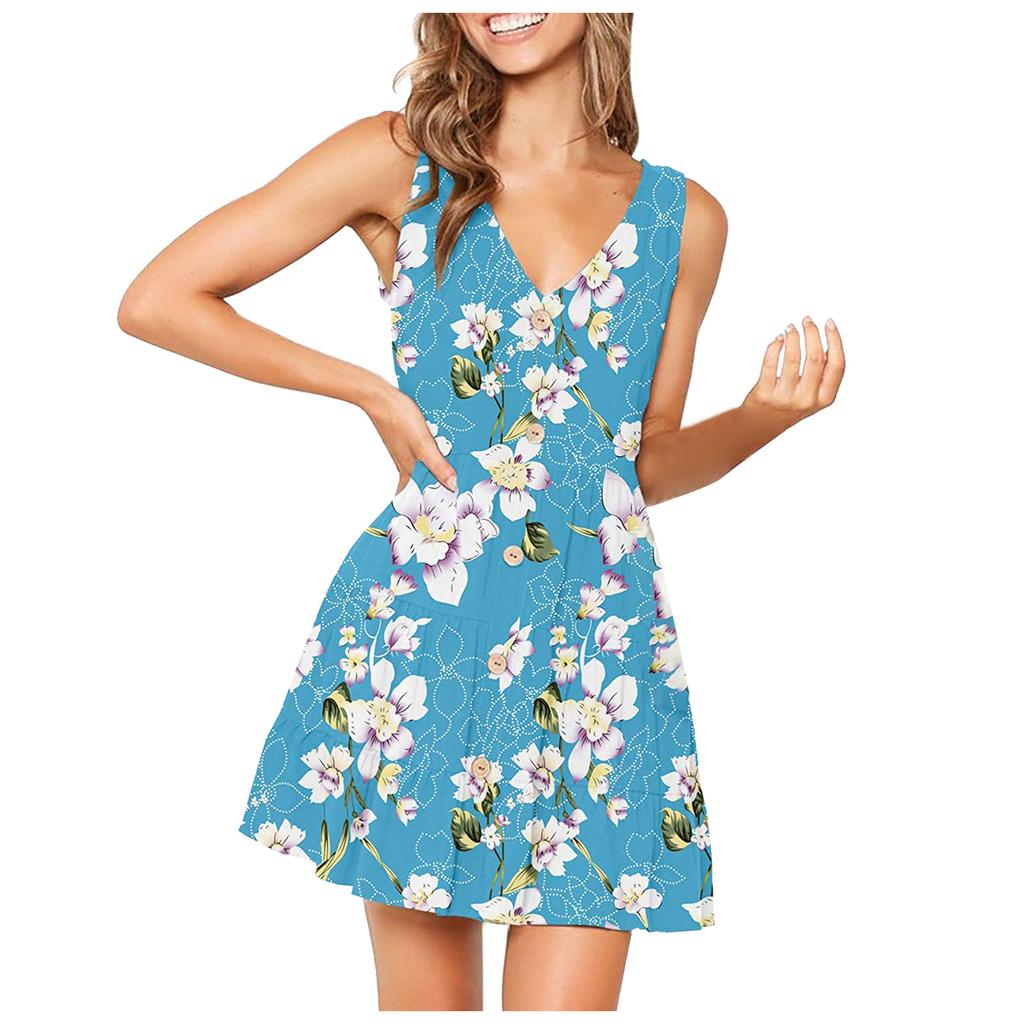 Fashion Women's Color V-neck Sleeveless Leisure Time Button Dress