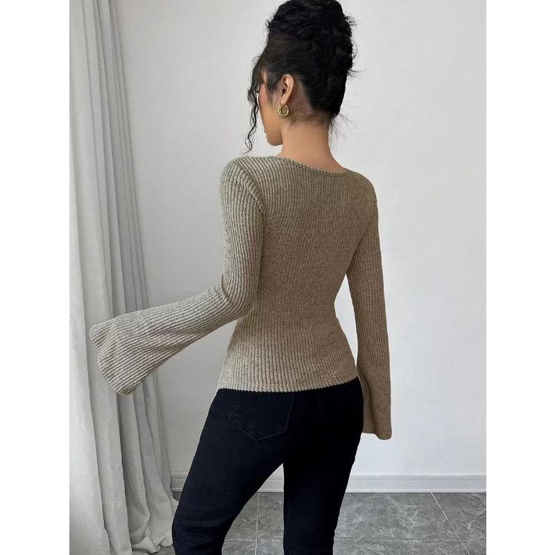 Women Solid Off Shoulder Slim Ribbed Knit Long Sleeve Commuting Pullover Base Top