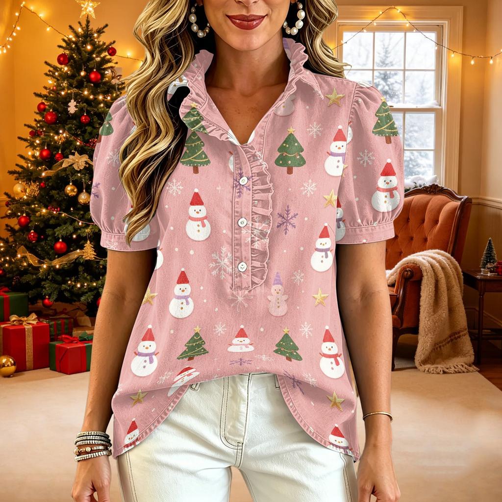 Women's Casual Ruffle V-Neck Short-Sleeve Button-Up Blouse with Christmas Print