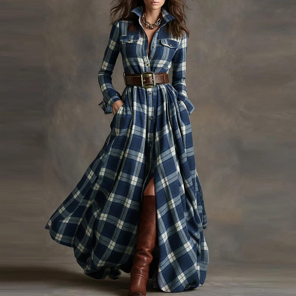 Damenmode Französisch Vintage Karomuster Taillenbetonendes Schlankmachendes Asymmetrisches Design Kragen Langarmkleid