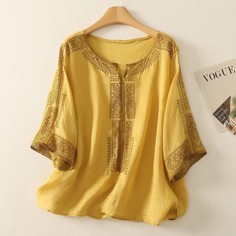 Mother's Summer T-shirt Tencel Linen Loose Casual Women's Blouse Solid Color Short-sleeved Bottoming Shirt
