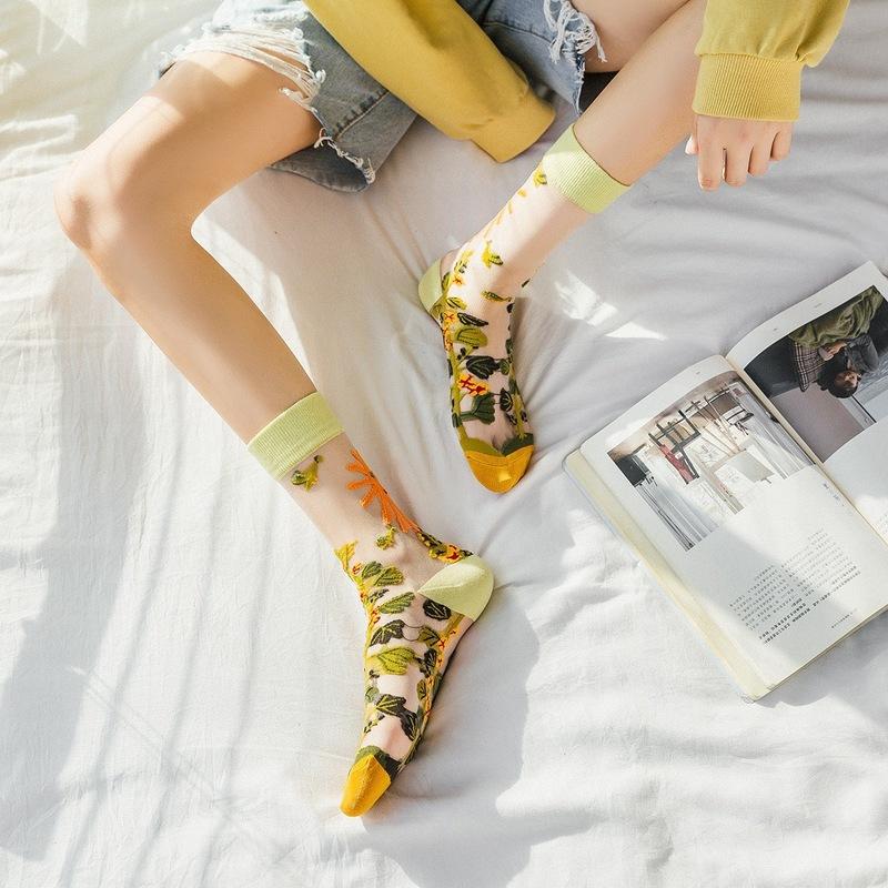 Creative Harajuku New Product Crystal Silk Tide Socks Funny Sunflowers Thin Glass Silk Tube Women's Trendy Socks Female