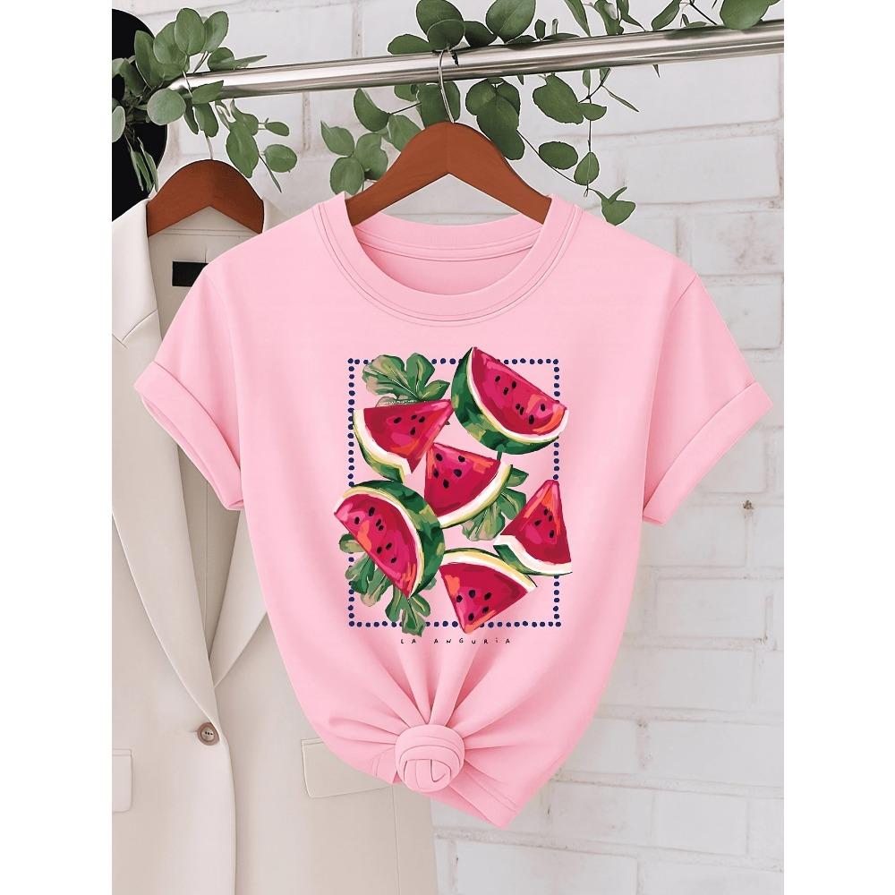 Watermelon Print Minimalist Style T-shirt for Women's Casual Round Neck Short Sleeved Top Daily Soft Fruit Print Clothing