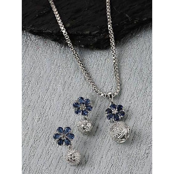 Rhodium-Plated Silver Toned Green Cubic Zirconia Studded Floral Shaped Cute Pendant with Earrings Jewellery Set for Girls and Women (Green)