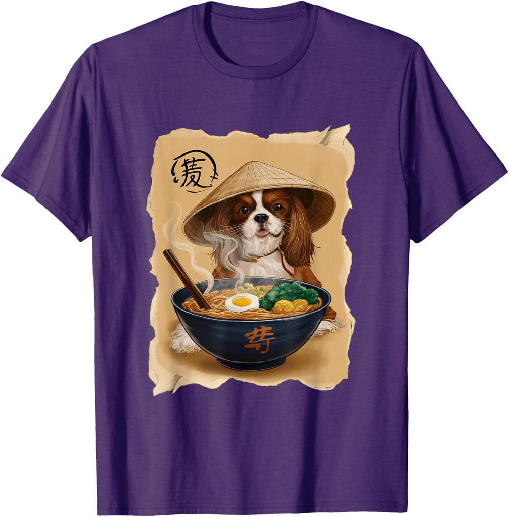 Cavalier King Charles Spaniel Eating Ramen Graphic T-Shirt Cool Asian Style Print Men's Casual Tee
