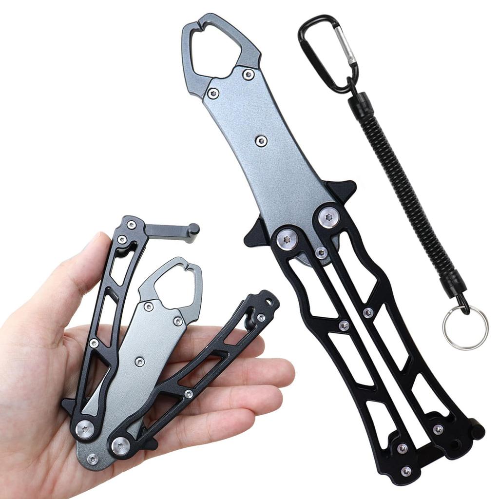 Haojiaho Fish Grip [Foldable] Fishing Grip, Ultra-Lightweight, Aluminum Alloy Fish Grab, Rust-Resistant, Anti-Slip, One-Handed Operation (Black)