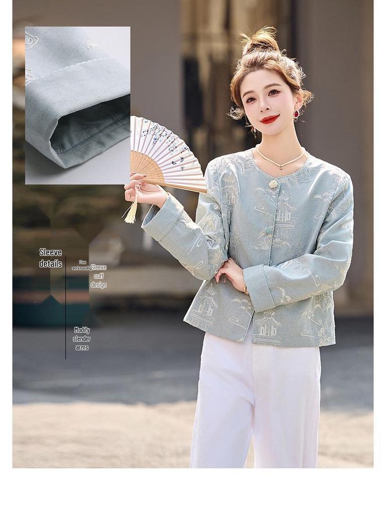 Spring 2025 Women's Embroidered Round Neck Jacket - High-End Chinese National Style, YE6351