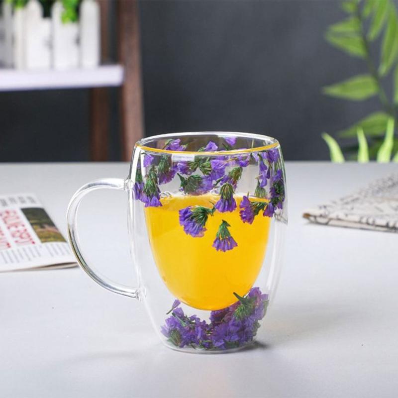 Double-layer Glass Mugs with Dry Flower and Handle for Coffee, Cocktails Elegant Glasses Cup for Entertaining Guest