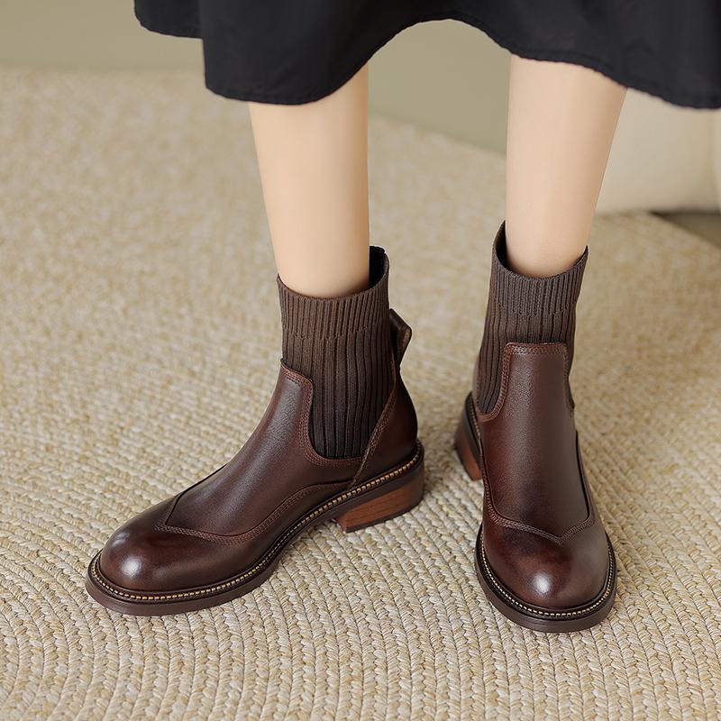 2024 New Vintage Short Boots for Women Genuine Leather Thick High Heels Autumn Winter Shoes Woman Square Toe Basic Office Lady